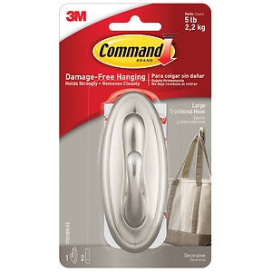 Command Strips Damage-Free Hanging:  Decorative  Large Hook, Brushed Nickel, 1 hook/2 large strips