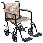 Drive Medical Fly-Weight Transport Chair, Black Frame/Tan Plaid Upholstery